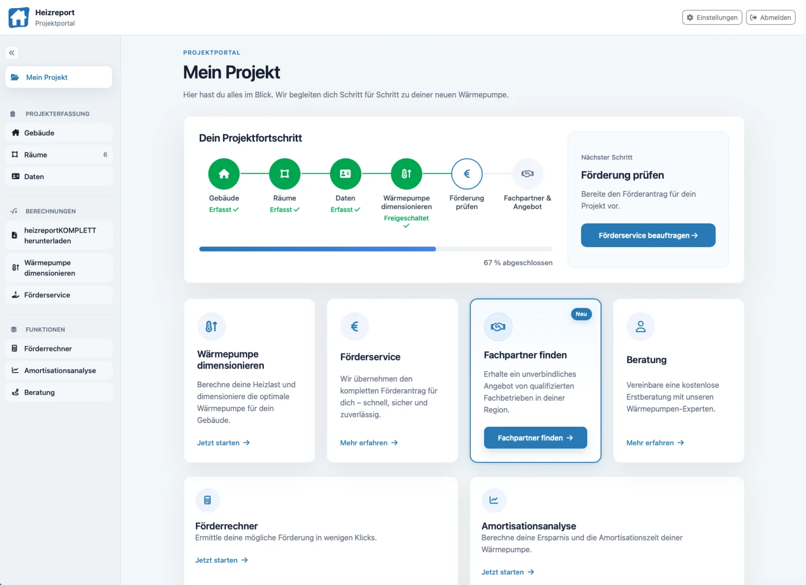 Heizreport Projektportal mit Projektfortschritt und den nächsten Schritten für ein Wärmepumpenprojekt